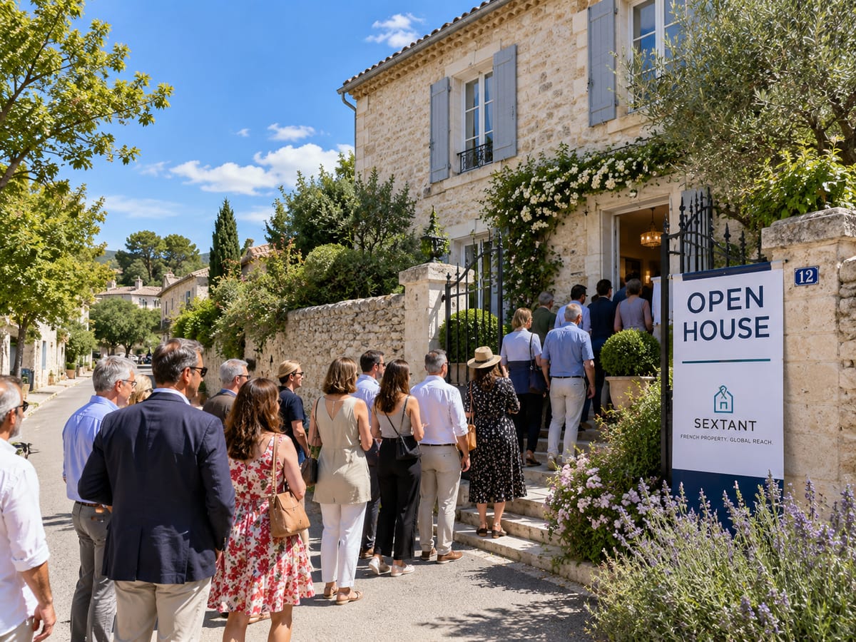 International visitors queueing at a Sextant open house outside a stone village house in Provence.